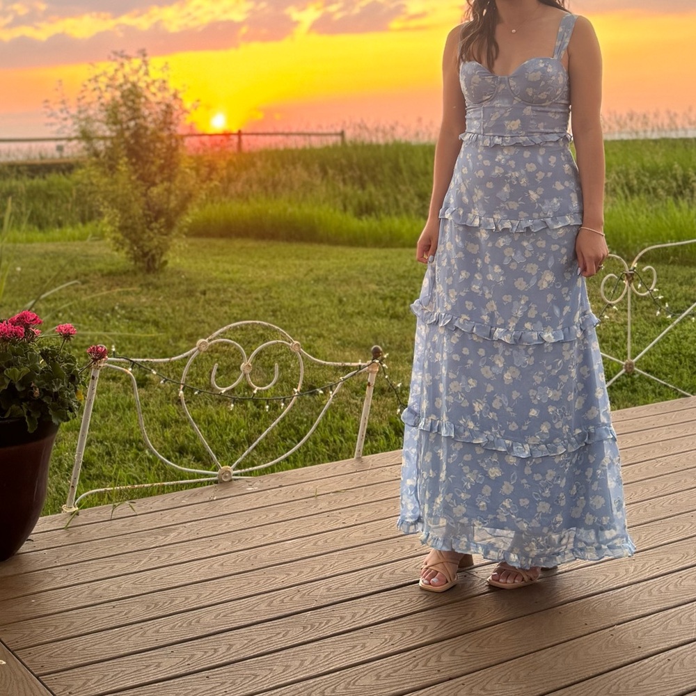 AQUA Bustier Ruffled Maxi Dress